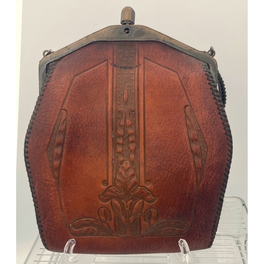 Vintage Tooled Leather Handbag Brown Art Nouveau Floral Embossed Frame Bag - Picture 2 of 12